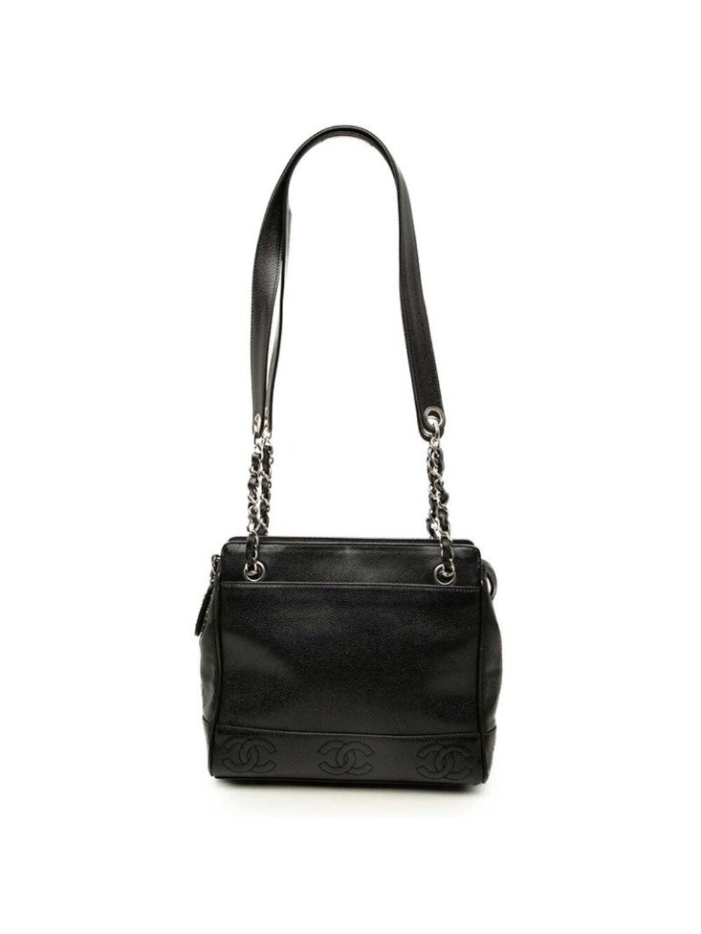 Chanel CC Logo Triple Coco Chain Shoulder Tote Bag Black Gold Caviar Leather